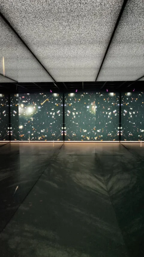 Digital Universe Cosmos Projection With Light Particles Inside Planetarium Stock Footage 340256432