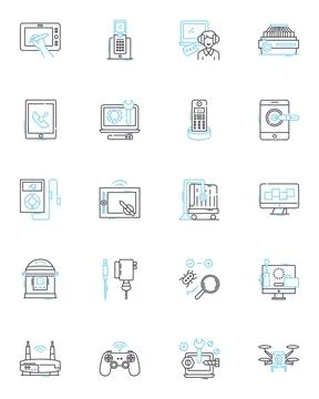 Digital upgrades linear icons set. Innovation, Progress, Advancement Ilustración de archivo