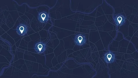 Digital urban scheme showing several gps markers scattered across a town Stock Illustration