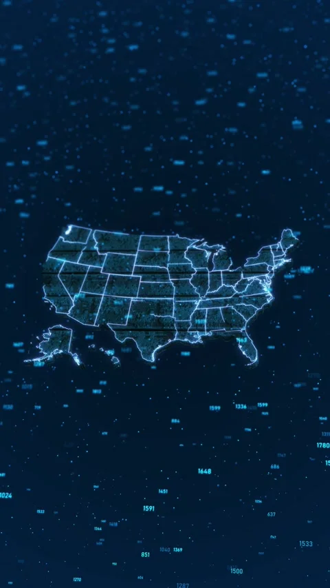 Digital USA Map with Floating Data Numbers and Analytics Stock Footage 342614686