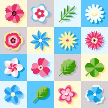 Digital vector blue flowers set icons Stock Illustration