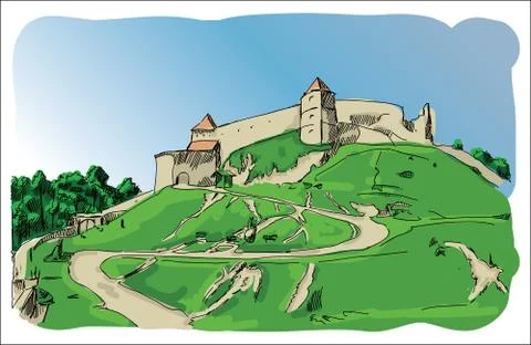 Digital vector castle sketch with blue sky 스톡 일러스트