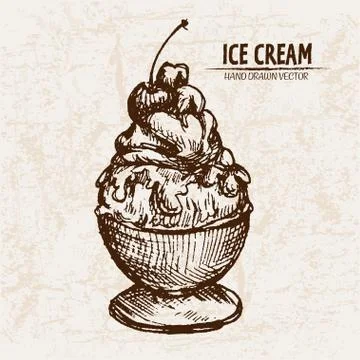 Digital vector detailed line art sundae ice cream Stock Illustration