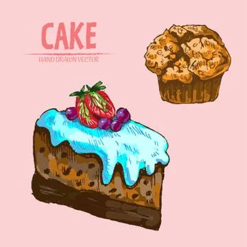 Digital vector detailed line art cake slice Stock Illustration