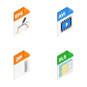 Digital vector icons showing eps, avi, zip, and xls file types Stock Illustration