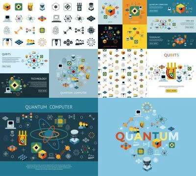Digital vector quantum computing icon set Stock Illustration