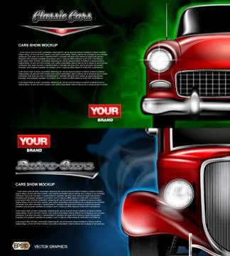 Digital vector red old retro car close up mockup Illustrazione stock
