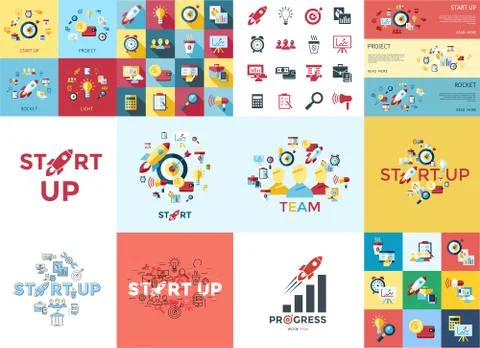 Digital vector red startup icons 스톡 일러스트