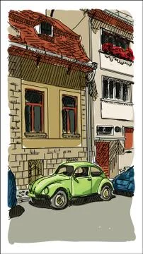Digital vector sketch city view with red houses イラスト素材