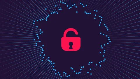 Digital Vector Tech Dark Blue Background with Brocken Lock. Data Breach Stock Illustration