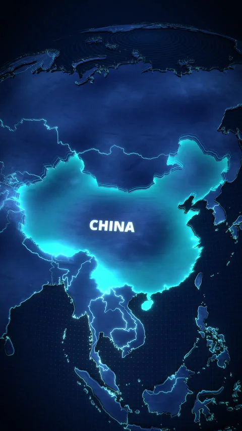 Digital Vertical 3D Map of China with Glowing Cyan Highlight Vidéo 334859060