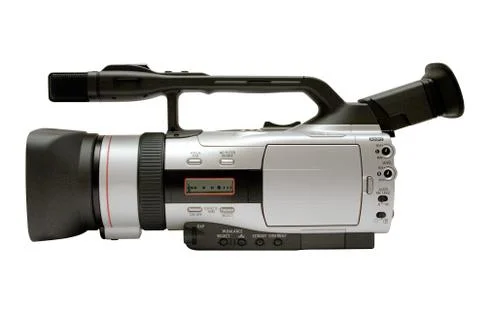 Digital Video Camera Side View with Clipping Path Isolated on a White Background Stockfoto's