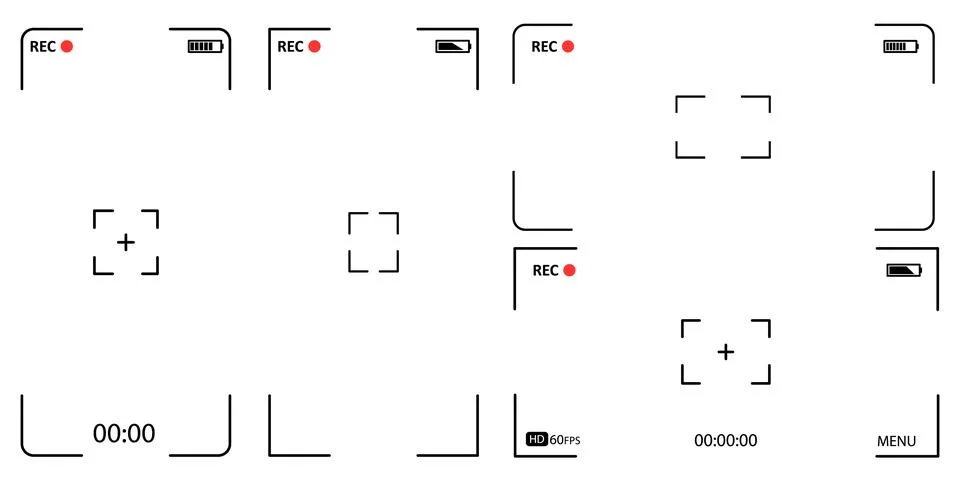 Digital Video Camera Viewfinder Interfaces Set. Screen Overlay with REC Ind.. 스톡 일러스트