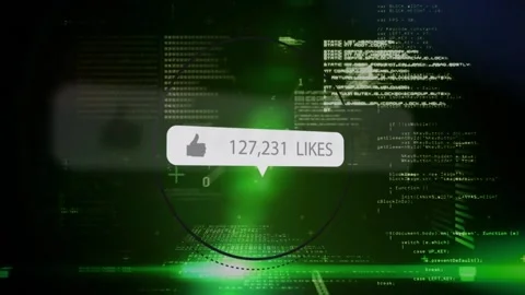 Digital video of computer programming scripts with increasing social media likes Stock Footage 203875517