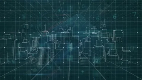 Digital video depicts cityscape drawing, symbolizing global tech and Stock Footage 328239904