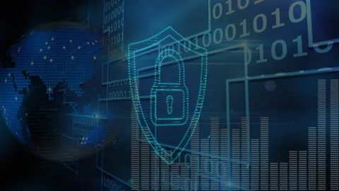 Digital video of globe and binary coding with computer network security logo Stock Footage 329496947