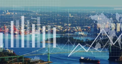 Digital video merges financial data animations with time-lapse sea footage for Stock Footage 328928046