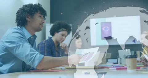 Digital video showcases global data processing with diverse team discussion. Video stock 327355714