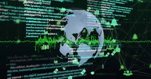 Digital video showcases global media and finance with rotating tech icons. Stock Footage 326298522