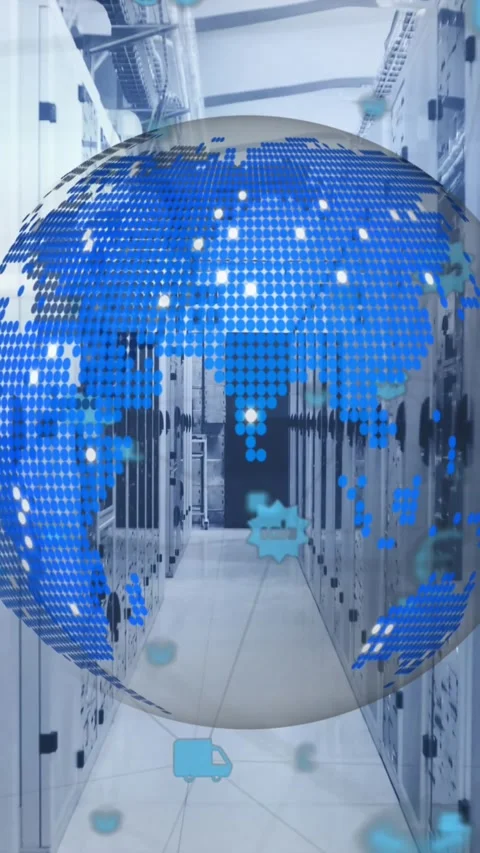 Digital video showcases a global network animation in a tech server room. Stock Footage 343079548