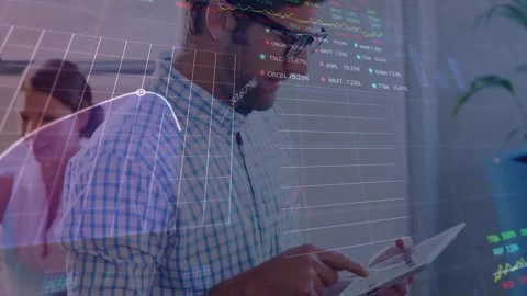 Digital video shows businessman using tech for global financial data processing. Stock Footage 328243596