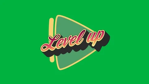 Digital video shows level-up text in gradient over a green triangle, symbolizing Video stock 325366688