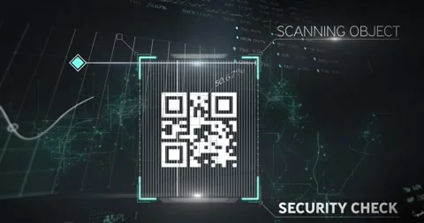 Digital video shows QR code and data stats with globe animation on servers. Stock Footage 329310427