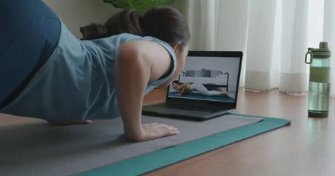 Digital virtual yoga class remote learn quarantine activity at home. Stock Footage 160231086