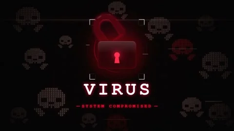 Digital Virus Attack Concept with Red Padlock and Skull Icons Stock Footage 336617632