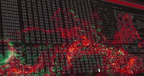 Digital virus cluster pulsating over scrolling hex code and binary code, with Stock Footage 307462854