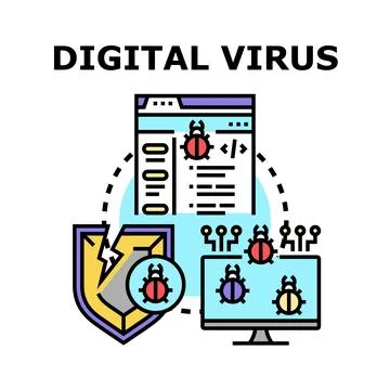 Digital virus infecting computer system and breaking network security shield Illustrazione stock