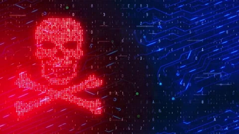 Digital virus skull and crossbones on binary code data theft Digital Background Stock Footage 175074608