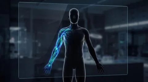 Digital visualization of human nervous system in arm inside glass panel. Illustrazione stock