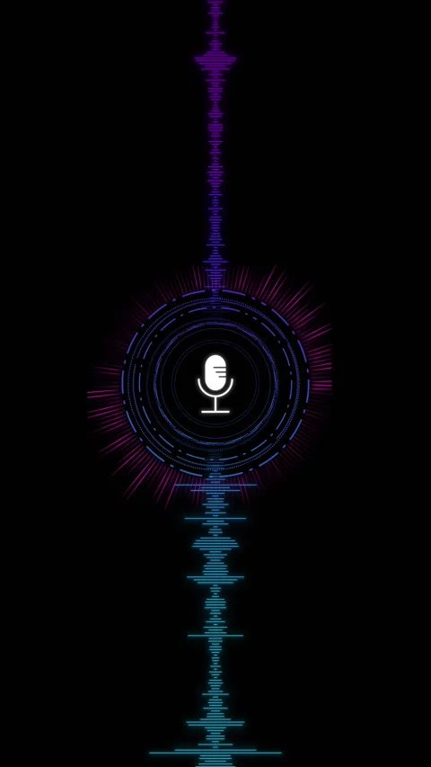 Digital voice recorder waveform central microphone icon, neon circular interface Stock Footage 340565364