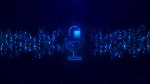 Digital voice recording tech visual neon microphone symbol, blue audio spectrum Stock Footage 340479244