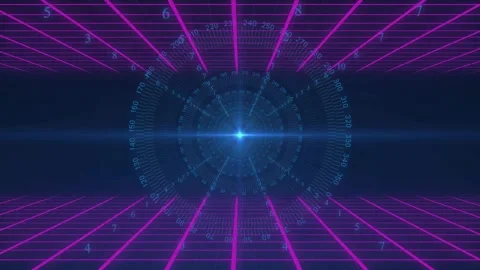 Digital void opening magenta grid floor and ceiling blue orb emerging rotating Stock Footage 320288120