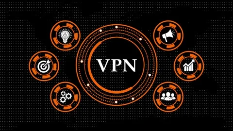 Digital vpn network interface display featuring animated business icons. Stock-Footage 337641267
