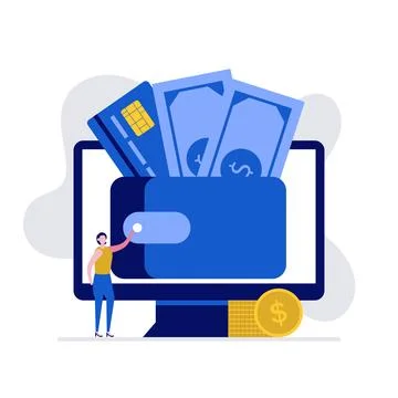 Digital wallet and e-wallet concept with characters making payment using sm.. Stock Illustration