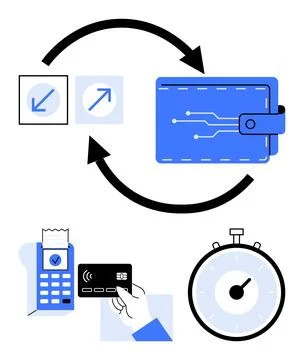 Digital Wallet and Payment Process with Arrows, Credit Card, and Timer Illu.. Stock Illustration