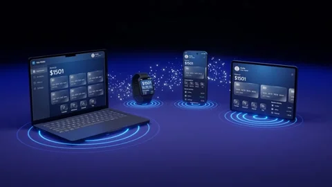 Digital Wallet App Synced Across Laptop Smartwatch Smartphone and Tablet with Stock-Footage 333699620