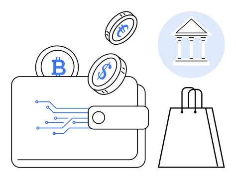 Digital wallet with Bitcoin and dollar coins, shopping bag, and bank building Ilustración de archivo