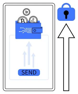 A digital wallet with Bitcoin smart contract and Litecoin coins. There is a s Ilustración de archivo