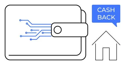 Digital Wallet with Circuit Elements, Cash Back Speech Bubble, and House Icon Illustrazione stock