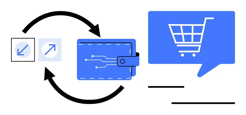 Digital wallet with circuit pattern and arrow icons indicating transaction fl Illustrazione stock