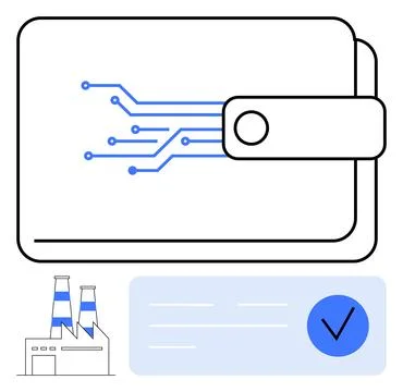 Digital wallet with circuit pattern and industrial factory with checkmark r.. Illustrazione stock