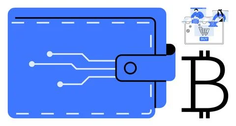 Digital wallet with circuit pattern, bitcoin symbol, and online shopping cart Illustrazione stock