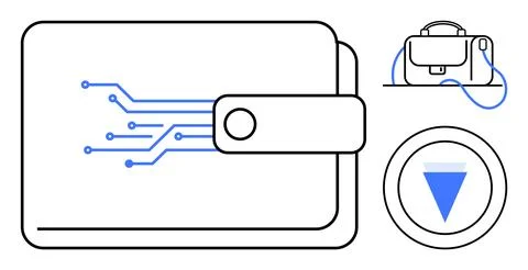 Digital wallet with circuit pattern, briefcase indicating business, and downw Illustrazione stock
