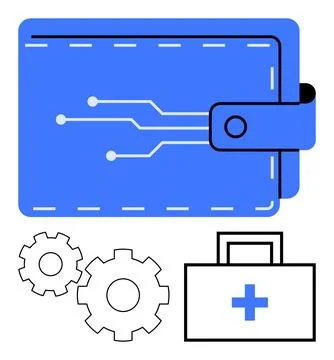 Digital Wallet with Circuit Pattern, Gear Wheels, and Medical Briefcase Illustrazione stock