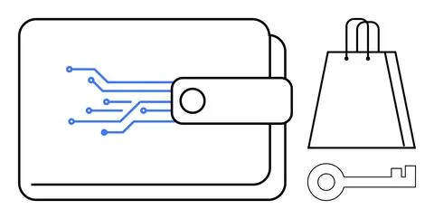 Digital wallet with circuit pattern, shopping bag, and key emphasizing secure 스톡 일러스트