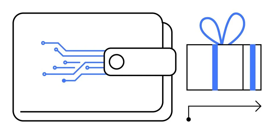 Digital wallet with circuit pattern transferring a gift wrapped with a blue r Stock Illustration